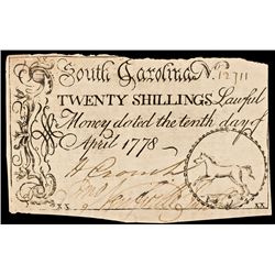 Colonial Currency, South Carolina. April 10, 1778 Twenty Shillings. Horse Rarity