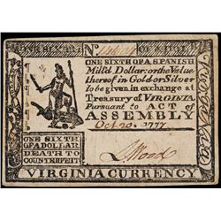 Colonial Currency, VA. October 20, 1777, Handwritten Date. $1/6. Beautiful Note