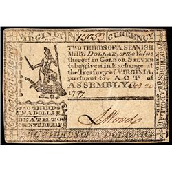 Colonial Currency, VA. October 20, 1777. $2/3. Choice Crisp Uncirculated