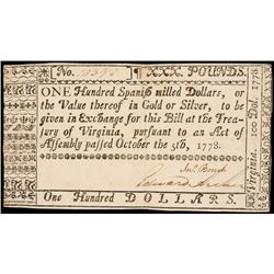 Colonial Currency, VA. October 5, 1778. $100 Treasury of Virginia Note