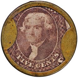 Encased Postage Stamp, Five Cents. MENDUM'S FAMILY WINE EMPORIUM,  New York