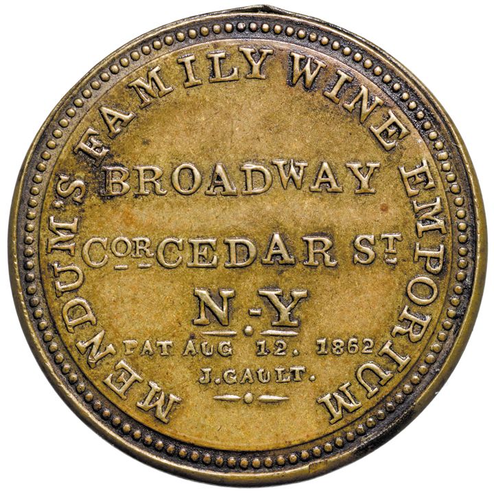 Encased Postage Stamp, Five Cents. MENDUM'S FAMILY WINE EMPORIUM, New York
