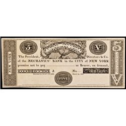 New York, NY, The Mechanics Bank. $5. 1824. E C Starr. Test Note Progress Proof