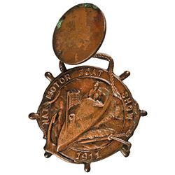 1911-Dated. National Motor Boat Show Button Badge with central Racing Motorboat