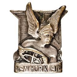 1914-Dated. New York 1914, Legend. Auto Race Participant Badge. Silvered Brass