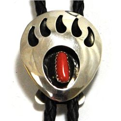 Navajo Coral Bear Paw Sterling Silver Bolo Tie - Joey McCray