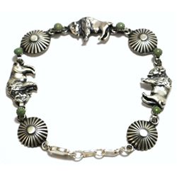 Navajo Green Turquoise Buffalo Sterling Silver Link Bracelet - Running Bear