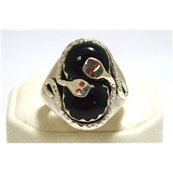 Zuni Onyx Sterling Silver Snake w/Coral Eyes Men's Ring - Effie Calavaza