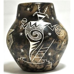 Acoma Pueblo Pueblo Dancer Etched Horsehair Pottery - Gary Yellow Corn Louis