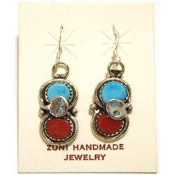 Zuni Coral & Turquoise Sterling Silver Snake French Hook Earrings - Effie Calavaza
