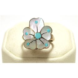 Old Pawn Zuni Mother of Pearl & Turquoise Sterling Silver Women's Ring - Sonny Wallace