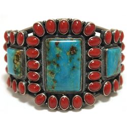 Old Pawn Navajo Coral & Turquoise Sterling Silver Cuff Bracelet - Kirk Smith