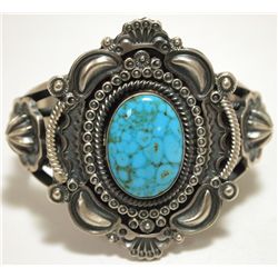 Old Pawn Navajo Kingman Turquoise Sterling Silver Cuff Bracelet - Wallace Yazzie, Jr