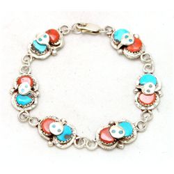 Zuni Coral & Turquoise Snake Sterling Silver Link Bracelet - Effie Calavaza