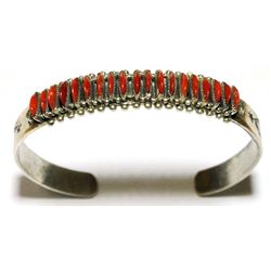 Zuni Coral Needlepoint Sterling Silver Cuff Bracelet