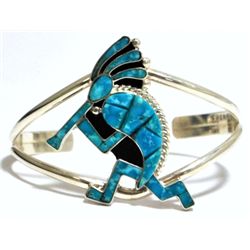 Navajo Turquoise Inlay Kokopelli Silver Cuff Bracelet - Francis