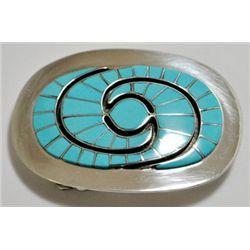 Zuni Turquoise Inlay Sterling Silver Buckle - Amy Quandelacy