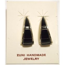 Zuni Onyx Inlay Sterling Silver Curved Post Earrings - C.S. Lonjose