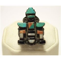 Old Pawn Zuni Multi-Stone Inlay Knifewing Kachina Sterling Silver Women's Ring