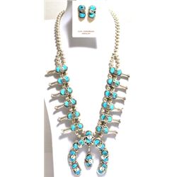 Zuni Turquoise Snake Squash Blossom Sterling Silver Necklace & Earrings Set - Effie Calavaza