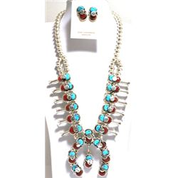 Zuni Coral & Turquoise Snake Squash Blossom Sterling Silver Necklace & Earrings Set - Effie Calavaza