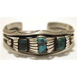 Old Pawn Navajo Stormy Mountain Turquoise Sterling Silver Cuff Bracelet