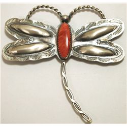 Navajo Spiny Oyster Sterling Silver Dragonfly Pin - Tim Yazzie