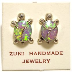 Zuni Blue/Green/Pink Opal Inlay Sterling Silver Turtle Post Earrings - Vernon Waikaniwa