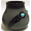 Image 2 : San Juan Pueblo Black Pottery Eagle & Feathers with Turquoise - Marie Adelicia