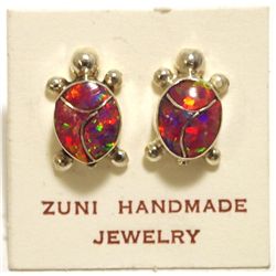Zuni Red Opal Inlay Sterling Silver Turtle Post Earrings - Vernon Waikaniwa