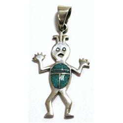 Navajo Turquoise Chip Inlay Sterling Silver Surprised Friend Pendant