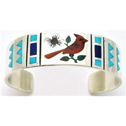 Zuni Multi-Stone Inlay Cardinal Sterling Silver Cuff Bracelet - Rudell & Nancy Laconsello