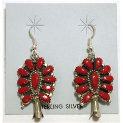 Navajo Coral Sterling Silver Squash Blossom French Hook Earrings - Lisa Williams