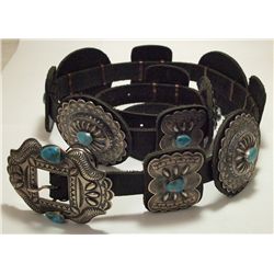 Old Pawn Navajo Morenci Turquoise Sterling Silver Concho Belt - Kirk Smith