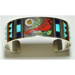 Zuni Cardinal Inlay Sterling Silver Cuff Bracelet - Rudell & Nancy Laconsello