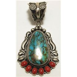 Old Pawn Navajo Coral & Turquoise Sterling Silver Pendant - Kirk Smith