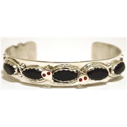 Zuni Onyx Sterling Silver Snakes with Coral Eyes Cuff Bracelet - Effie Calavaza