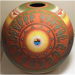 Navajo Etched & Painted Sun Face & Kokopelli Pottery - Lori Smith