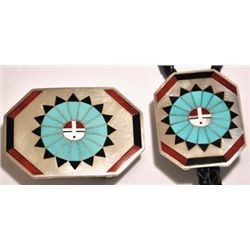 Zuni Multi-Stone Inlay Sunface Sterling Silver Bolo Tie & Buckle Set - Fred & Lolita Natachu