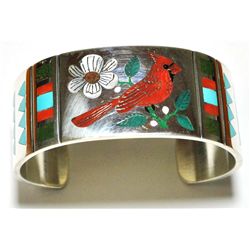Zuni Cardinal Inlay Sterling Silver Cuff Bracelet - Rudell & Nancy Laconsello