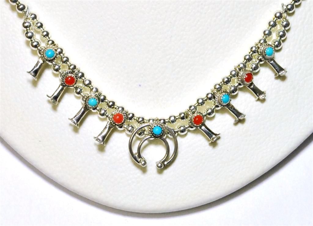 Navajo Coral & Turquoise Sterling Silver Mini Squash Blossom Necklace