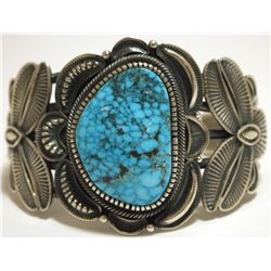 Navajo Spider Web Kingman Turuqoise Sterling Silver Cuff Bracelet - Kirk Smith
