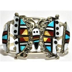 Zuni Multi-Stone Inlay Butterfly Sterling Silver Cuff Bracelet - Herbert Cellicion