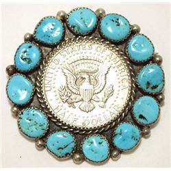Old Pawn Navajo Sleeping Beauty Turquoise Sterling Silver Kennedy Half Dollar Pin
