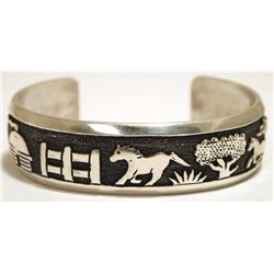 Navajo Sterling Silver Horses & Pueblo Scene Cuff Bracelet - Tommy Singer