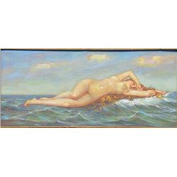 Original oil painting on rough canvas board  of beautiful nude lady writing on a wave in  art nouvea