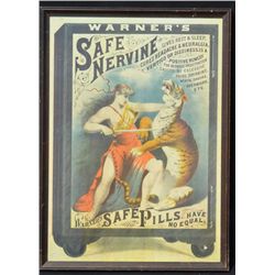 Framed old color advertiser for Warner’s Safe  Nervine pills showing a damsel with sword  slaying a 