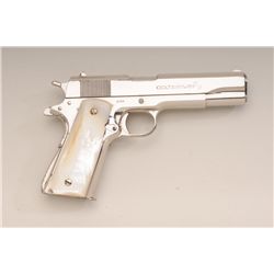 Colt .38 Super semi-auto pistol, .38 Super  cal., 5” barrel, nickel finish, raised carved  pearl gri