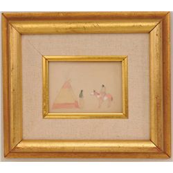 Miniature pencil sketch and watercolor in  Indian scene measuring approximately 2 ¾” x  4” beautiful