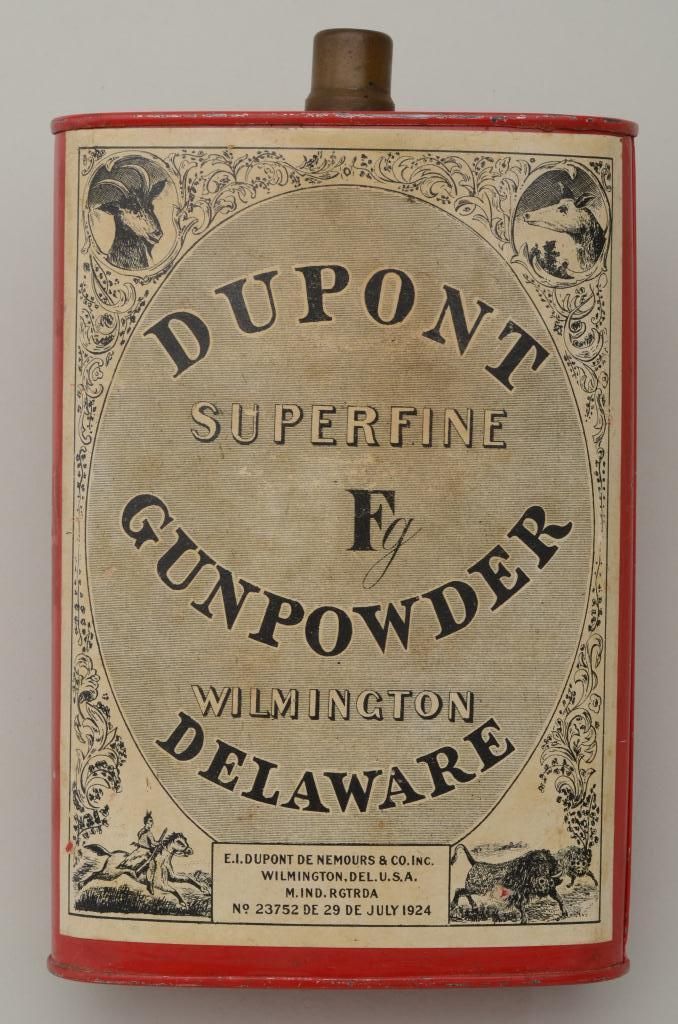 Dupont Superfine Fg Gunpowder can, approx. 6” in height with complete ...